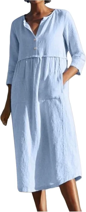 Womens Cotton Linen Dresses 3/4 Sleeve Maxi Long Dress Round Neck Button Casual Dress Casual Plain Loungewear Dresses