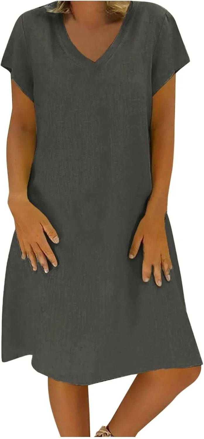 Womens Cotton Linen Midi Dress Short Sleeve V-Neck Summer T-Shirt Dresses Solid Loungewear Comfort Flowy Beach Dress