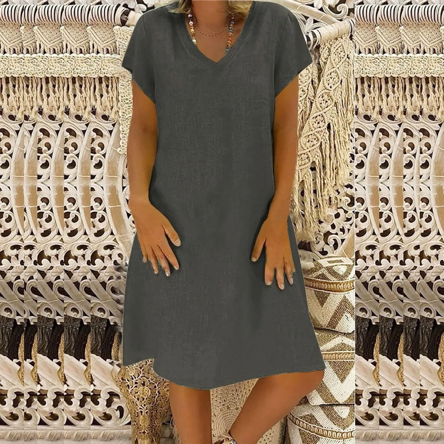 Womens Cotton Linen Midi Dress Short Sleeve V-Neck Summer T-Shirt Dresses Solid Loungewear Comfort Flowy Beach Dress