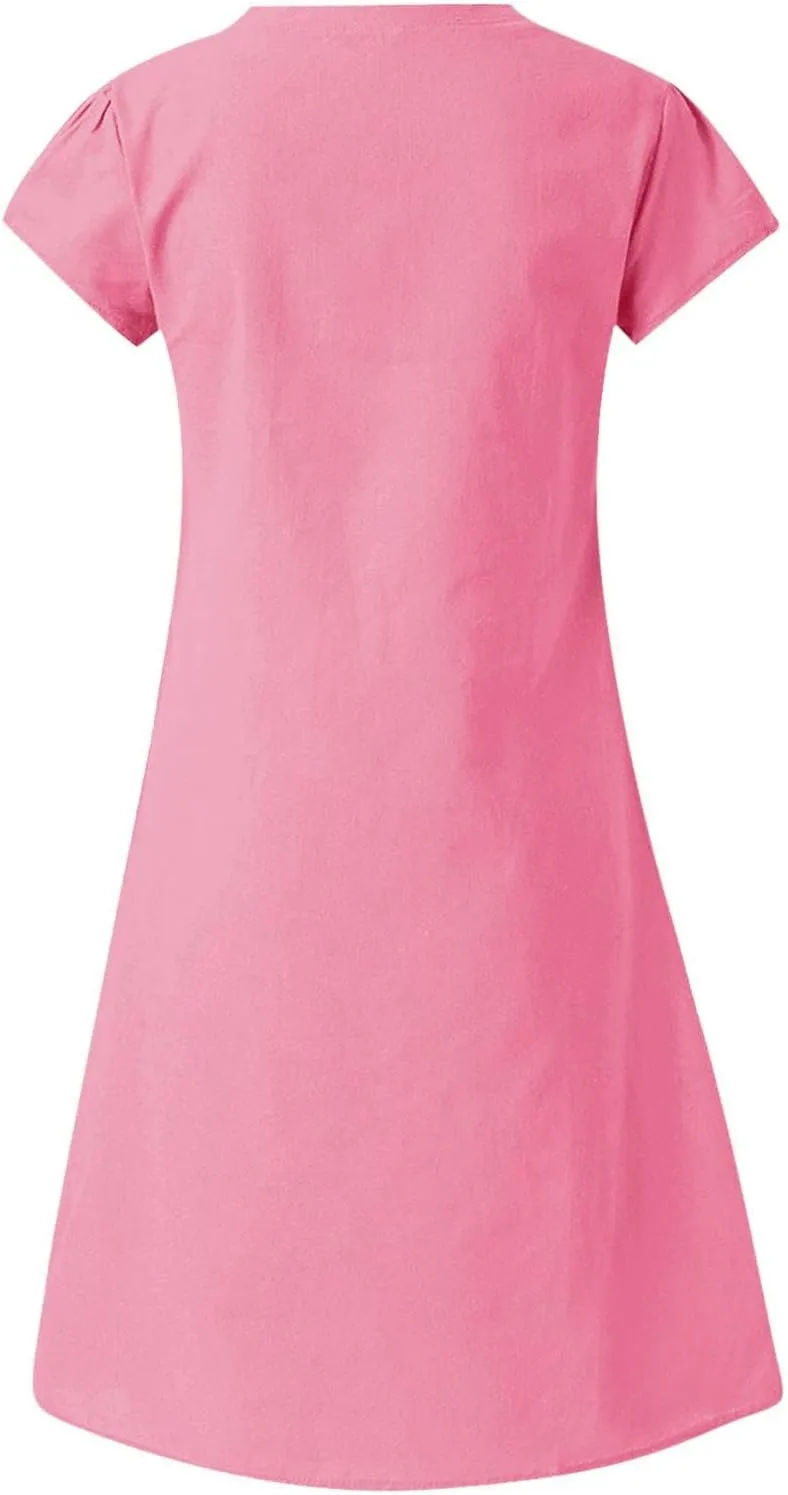 Womens Cotton Linen Midi Dress Short Sleeve V-Neck Summer T-Shirt Dresses Solid Loungewear Comfort Flowy Beach Dress