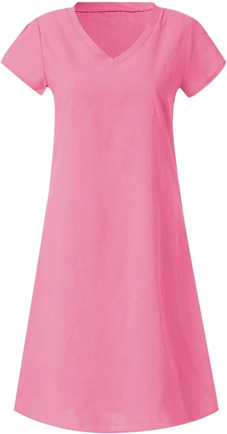 Womens Cotton Linen Midi Dress Short Sleeve V-Neck Summer T-Shirt Dresses Solid Loungewear Comfort Flowy Beach Dress