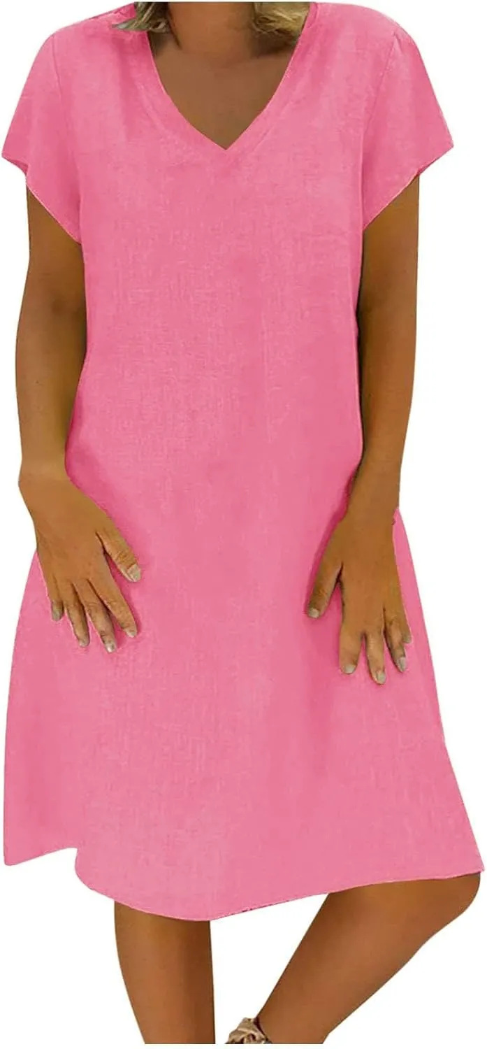 Womens Cotton Linen Midi Dress Short Sleeve V-Neck Summer T-Shirt Dresses Solid Loungewear Comfort Flowy Beach Dress