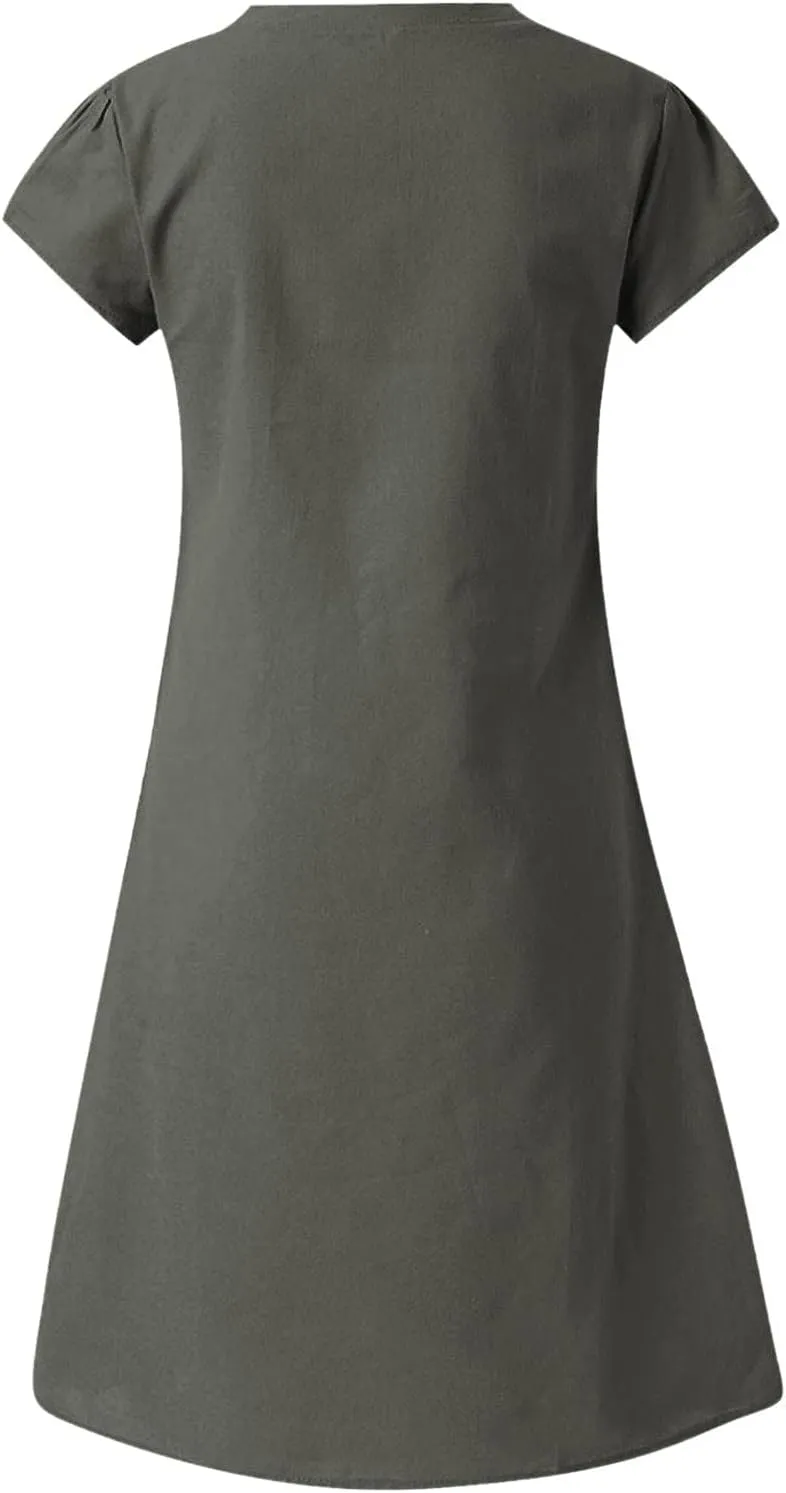 Womens Cotton Linen Midi Dress Short Sleeve V-Neck Summer T-Shirt Dresses Solid Loungewear Comfort Flowy Beach Dress