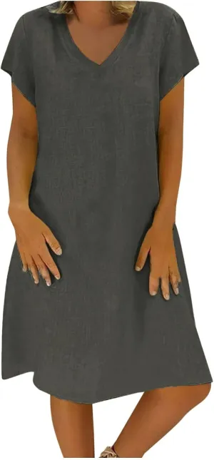 Womens Cotton Linen Midi Dress Short Sleeve V-Neck Summer T-Shirt Dresses Solid Loungewear Comfort Flowy Beach Dress