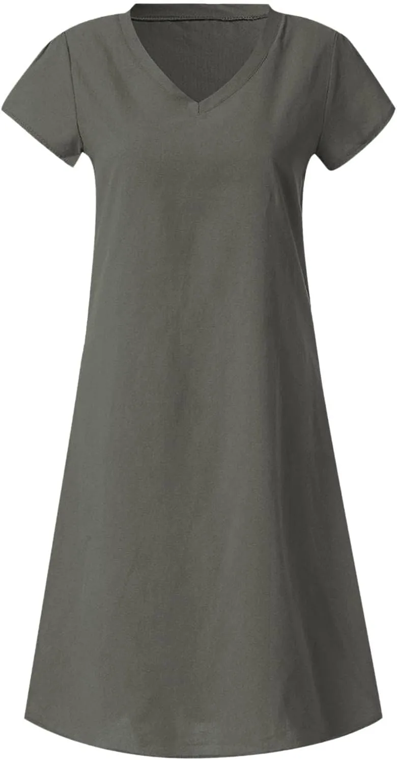 Womens Cotton Linen Midi Dress Short Sleeve V-Neck Summer T-Shirt Dresses Solid Loungewear Comfort Flowy Beach Dress