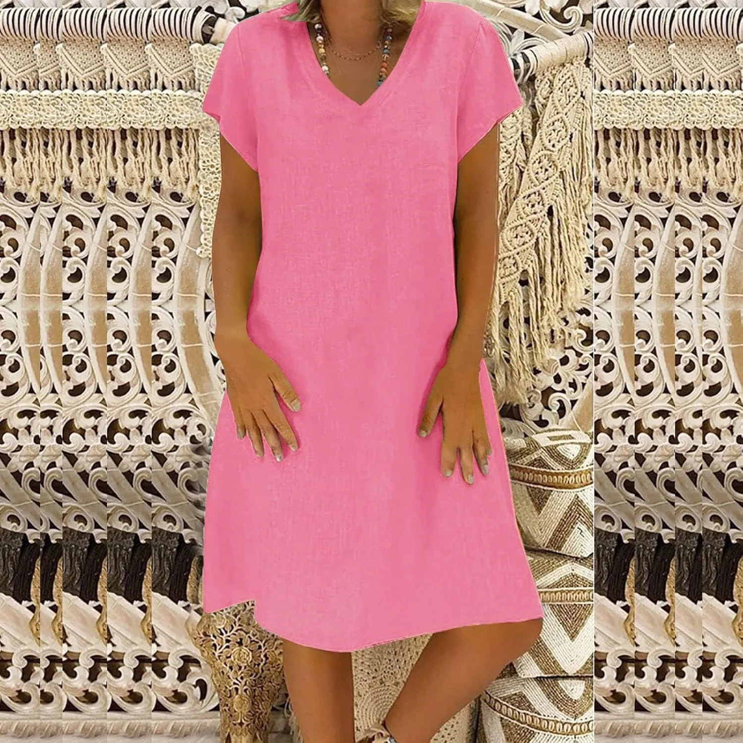 Womens Cotton Linen Midi Dress Short Sleeve V-Neck Summer T-Shirt Dresses Solid Loungewear Comfort Flowy Beach Dress