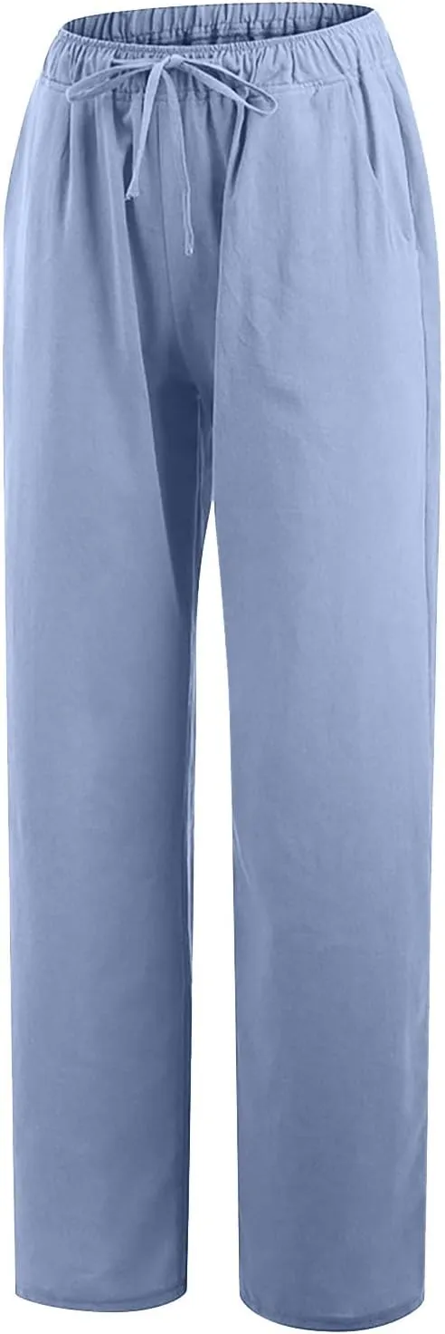 Womens Cotton Linen Pants Baggy Casual Straight Leg Pants 2025 Summer Fashion Beach Pants Basic Solid Flowy Pants