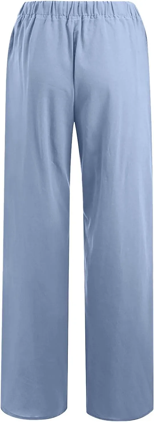 Womens Cotton Linen Pants Baggy Casual Straight Leg Pants 2025 Summer Fashion Beach Pants Basic Solid Flowy Pants