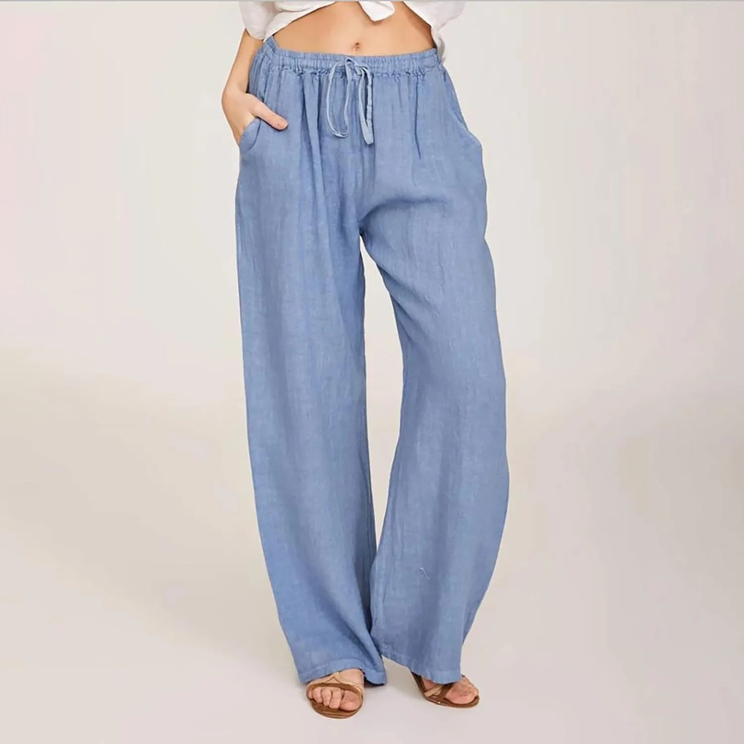 Womens Cotton Linen Pants Baggy Casual Straight Leg Pants 2025 Summer Fashion Beach Pants Basic Solid Flowy Pants