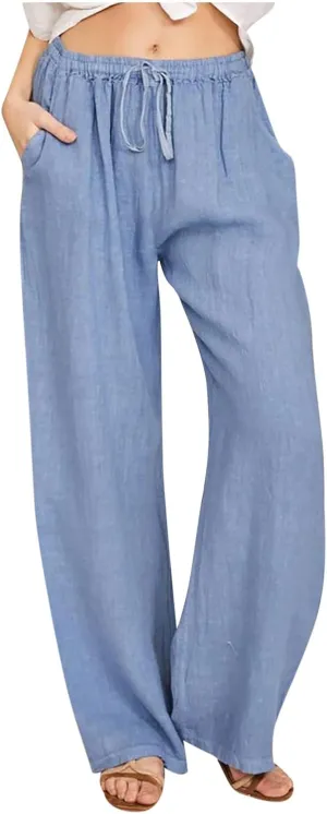 Womens Cotton Linen Pants Baggy Casual Straight Leg Pants 2025 Summer Fashion Beach Pants Basic Solid Flowy Pants