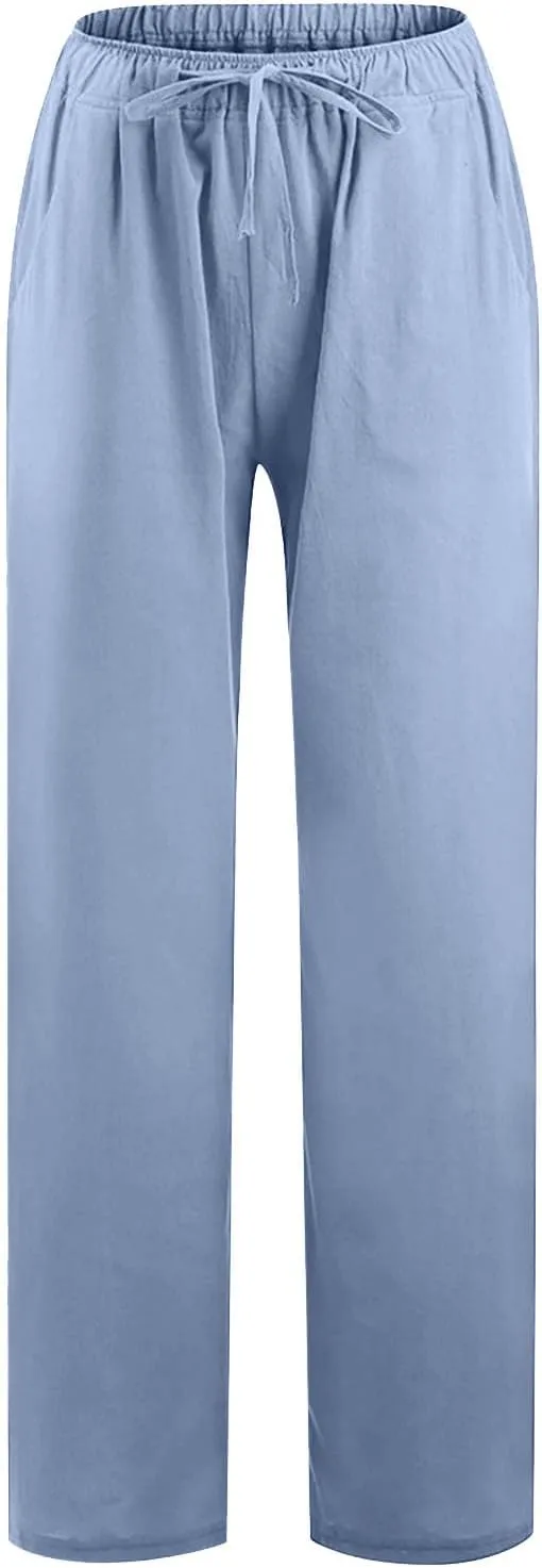 Womens Cotton Linen Pants Baggy Casual Straight Leg Pants 2025 Summer Fashion Beach Pants Basic Solid Flowy Pants