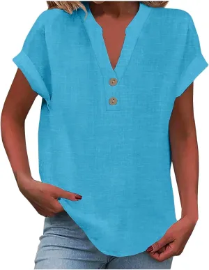 Womens Cotton Linen Tops Button V-Neck Tunic Shirts 2025 Summer Fashion Outfit Dressy Casual Short Sleeve Blouses
