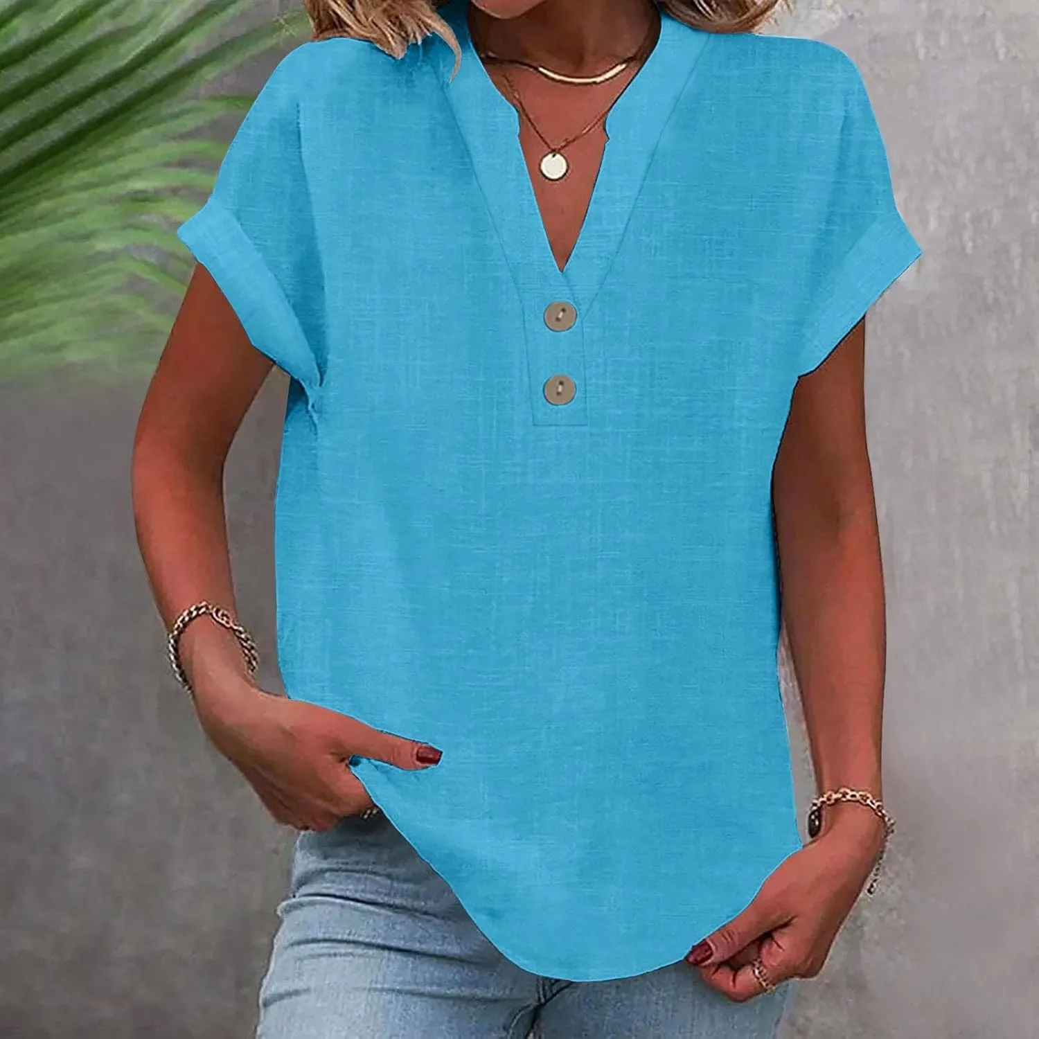 Womens Cotton Linen Tops Button V-Neck Tunic Shirts 2025 Summer Fashion Outfit Dressy Casual Short Sleeve Blouses