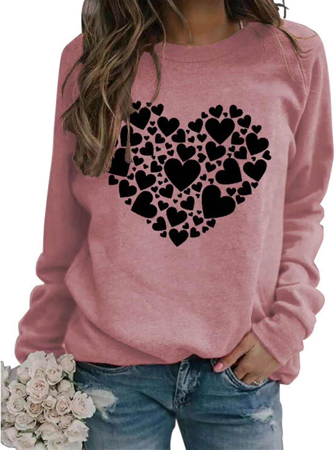 Womens Crewneck Sweatshirts Long Sleeve Casual Tops for Women 2024 Trendy Valentine's Day Sweatshirt Pullover Tops