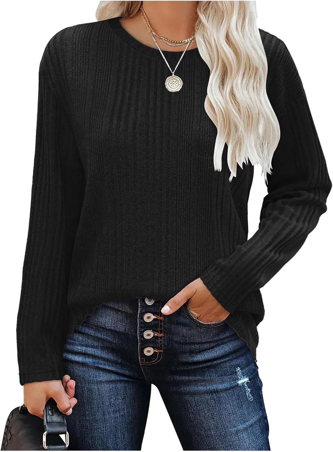 Womens Fall Winter Tops 2024 Soft Long Sleeve Casual Blouses Crewneck Knit Pullover Sweater Tops