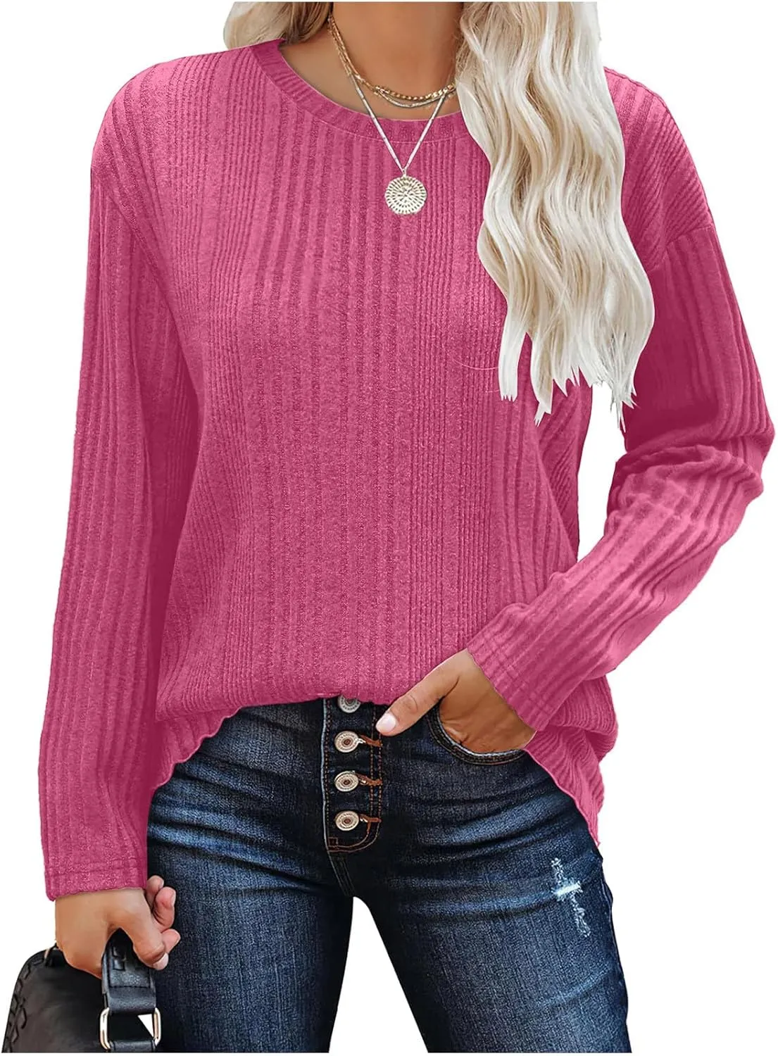 Womens Fall Winter Tops 2024 Soft Long Sleeve Casual Blouses Crewneck Knit Pullover Sweater Tops