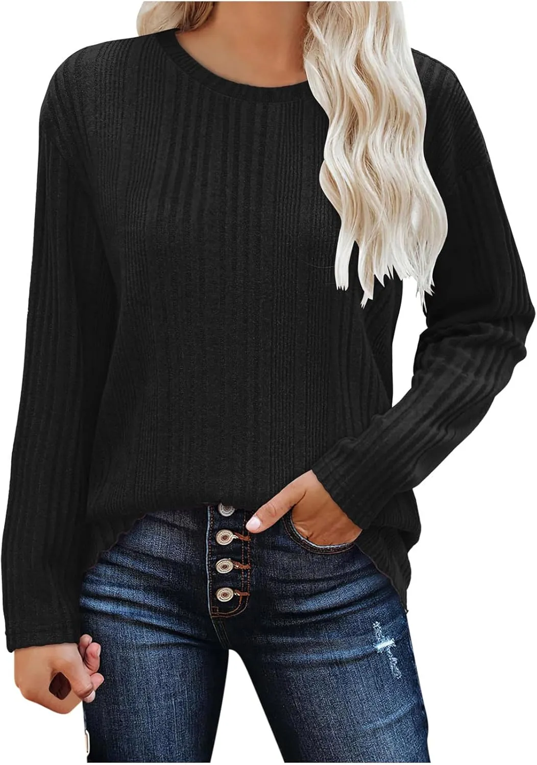 Womens Fall Winter Tops 2024 Soft Long Sleeve Casual Blouses Crewneck Knit Pullover Sweater Tops
