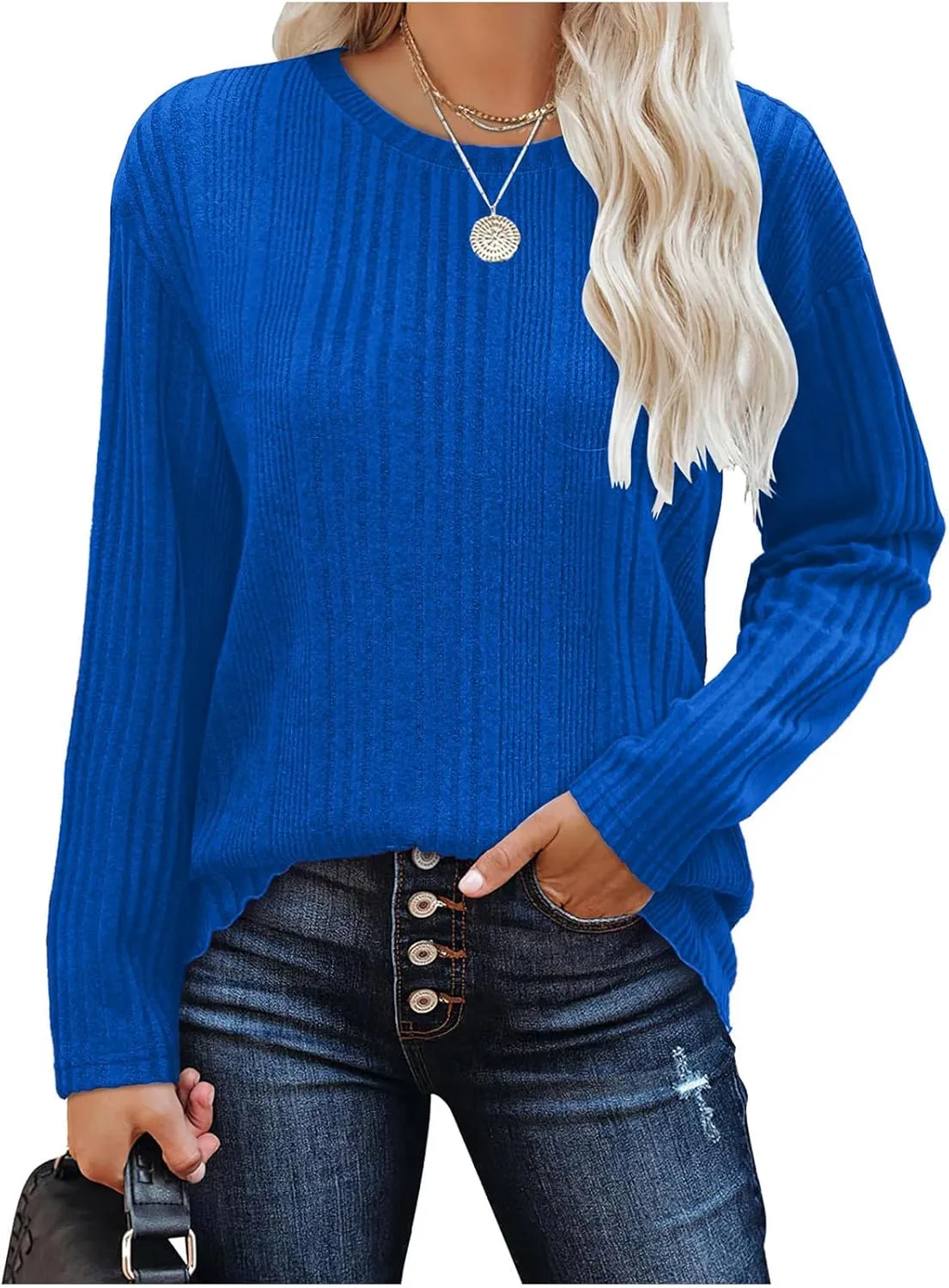 Womens Fall Winter Tops 2024 Soft Long Sleeve Casual Blouses Crewneck Knit Pullover Sweater Tops