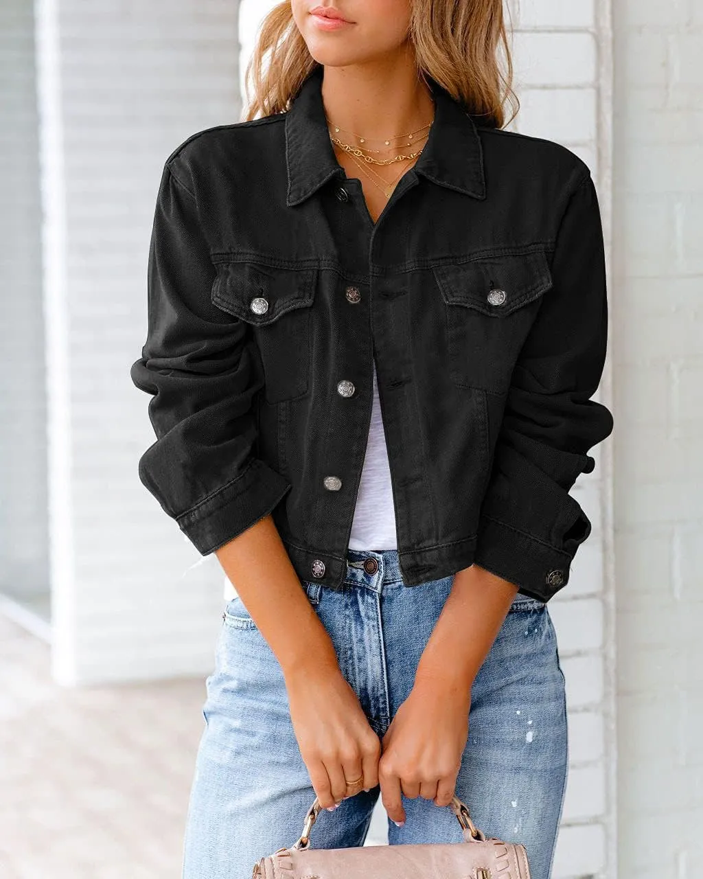 Womens Fashion Denim Jackets Cropped Long Sleeve Denim Shirt Casual Button Down Denim Jean Trucker Jacket