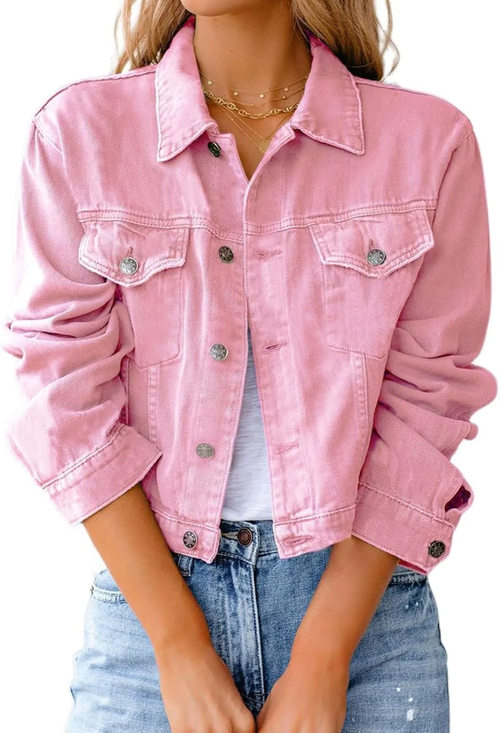 Womens Fashion Denim Jackets Cropped Long Sleeve Denim Shirt Casual Button Down Denim Jean Trucker Jacket
