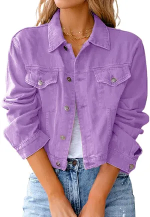 Womens Fashion Denim Jackets Cropped Long Sleeve Denim Shirt Casual Button Down Denim Jean Trucker Jacket