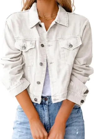 Womens Fashion Denim Jackets Cropped Long Sleeve Denim Shirt Casual Button Down Denim Jean Trucker Jacket