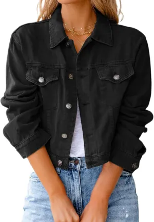 Womens Fashion Denim Jackets Cropped Long Sleeve Denim Shirt Casual Button Down Denim Jean Trucker Jacket