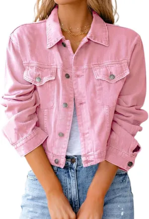 Womens Fashion Denim Jackets Cropped Long Sleeve Denim Shirt Casual Button Down Denim Jean Trucker Jacket