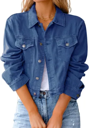 Womens Fashion Denim Jackets Cropped Long Sleeve Denim Shirt Casual Button Down Denim Jean Trucker Jacket