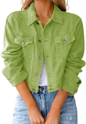 Womens Fashion Denim Jackets Cropped Long Sleeve Denim Shirt Casual Button Down Denim Jean Trucker Jacket
