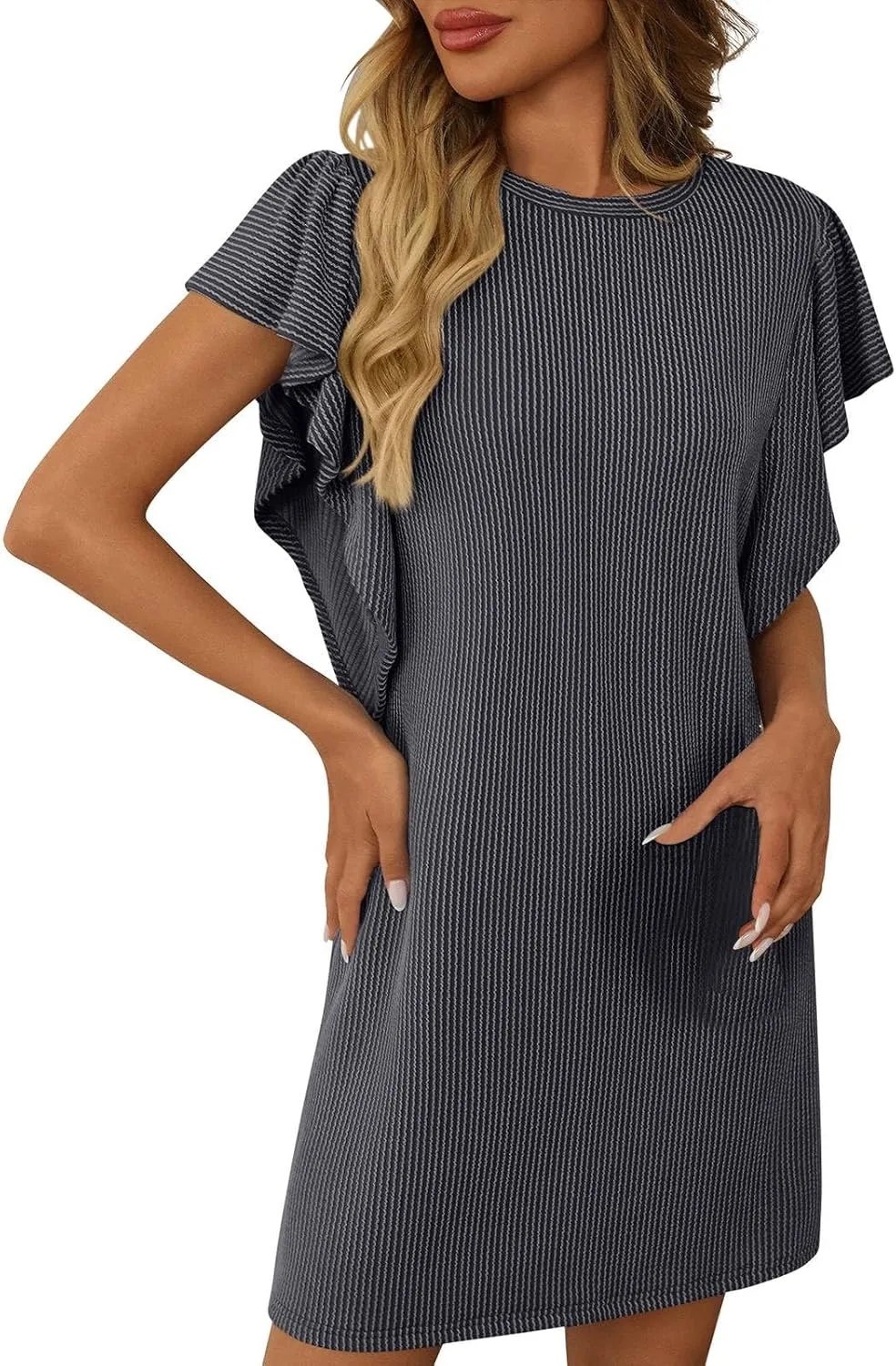 Women's Fashion Ruffle Sleeve T Shirt Dresses Summer Casual Crewneck Loose Fit Short Dresses Loungewear