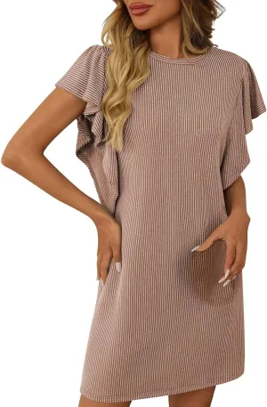 Women's Fashion Ruffle Sleeve T Shirt Dresses Summer Casual Crewneck Loose Fit Short Dresses Loungewear