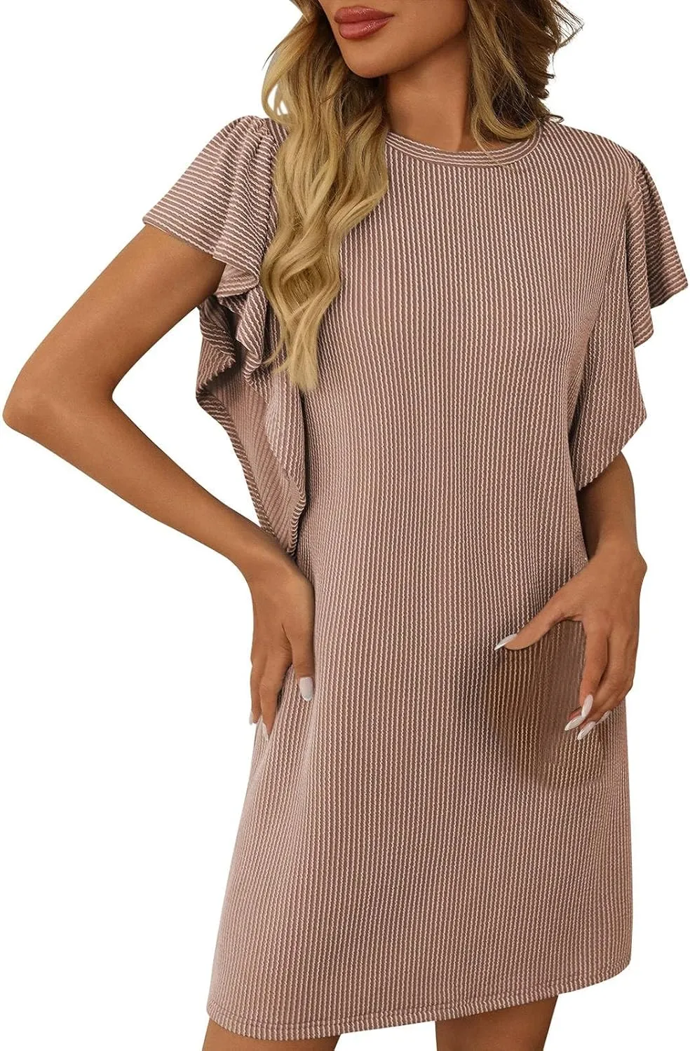 Women's Fashion Ruffle Sleeve T Shirt Dresses Summer Casual Crewneck Loose Fit Short Dresses Loungewear