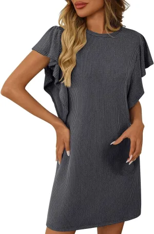 Women's Fashion Ruffle Sleeve T Shirt Dresses Summer Casual Crewneck Loose Fit Short Dresses Loungewear