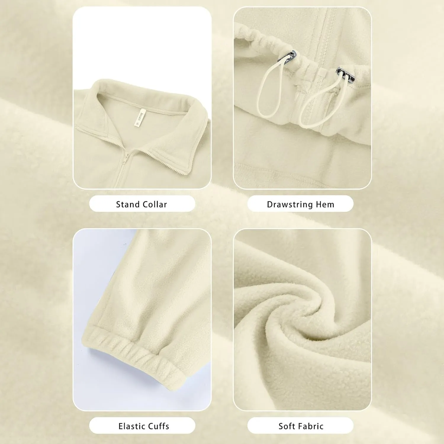 Women's Fleece Cropped Jackets Winter Full Zip Warm Long Sleeve Sherpa Coat Stand Collar Drawstring Hem Travel Coats