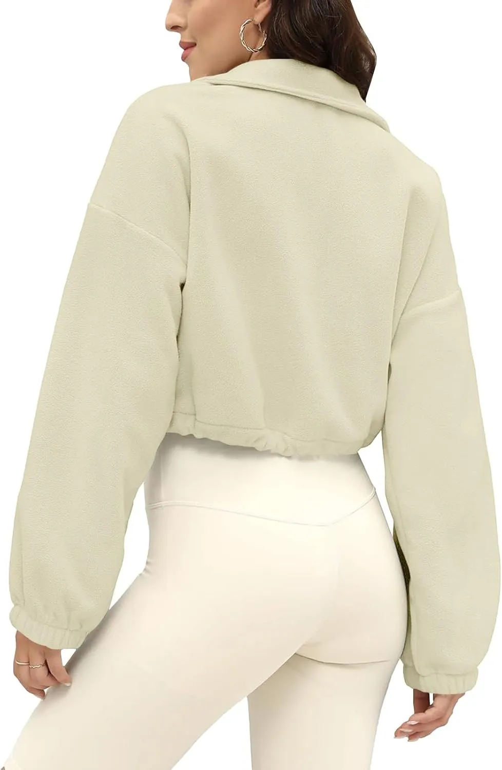 Women's Fleece Cropped Jackets Winter Full Zip Warm Long Sleeve Sherpa Coat Stand Collar Drawstring Hem Travel Coats