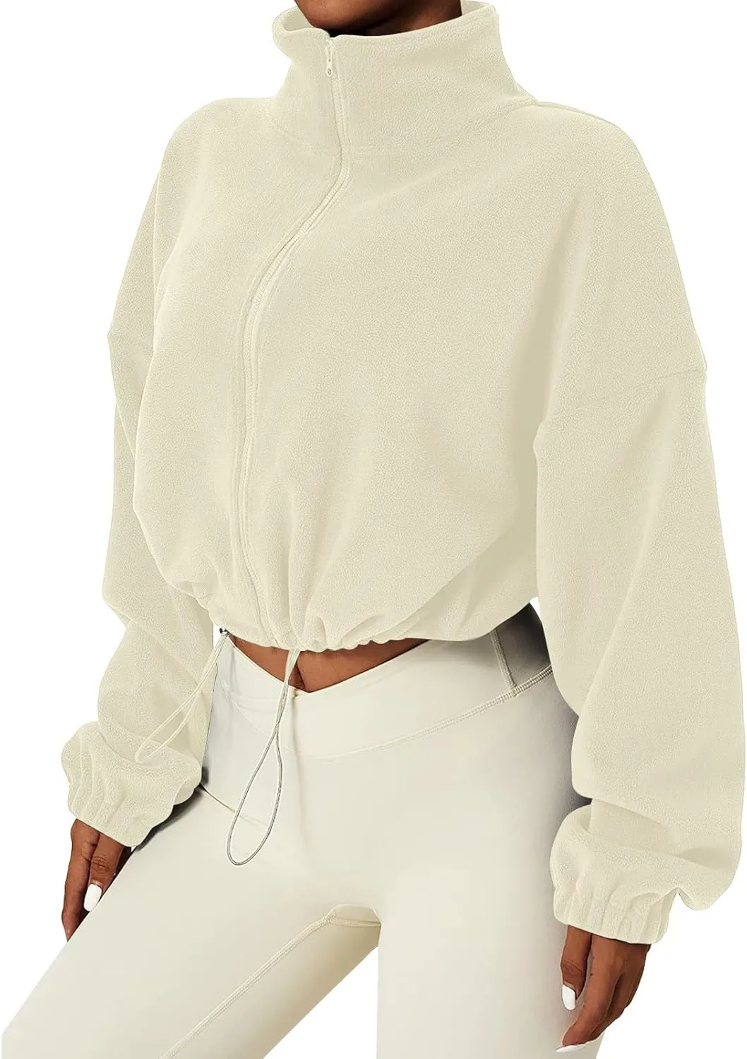 Women's Fleece Cropped Jackets Winter Full Zip Warm Long Sleeve Sherpa Coat Stand Collar Drawstring Hem Travel Coats