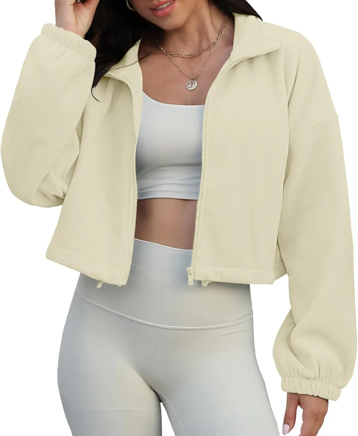 Women's Fleece Cropped Jackets Winter Full Zip Warm Long Sleeve Sherpa Coat Stand Collar Drawstring Hem Travel Coats