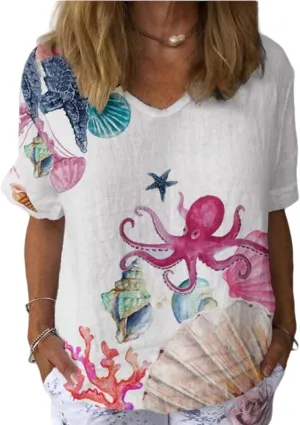 Womens Floral Plants Shirts Summer Short Sleeve Tops Cotton Linen Tshirt Trendy Boho Flower Graphic Tee Tops