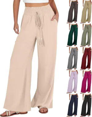Women's Flowy Linen Pants Casual Wide Leg Pants Comfy Baggy High Waisted Palazzo Pants Beach Pants with Pockets