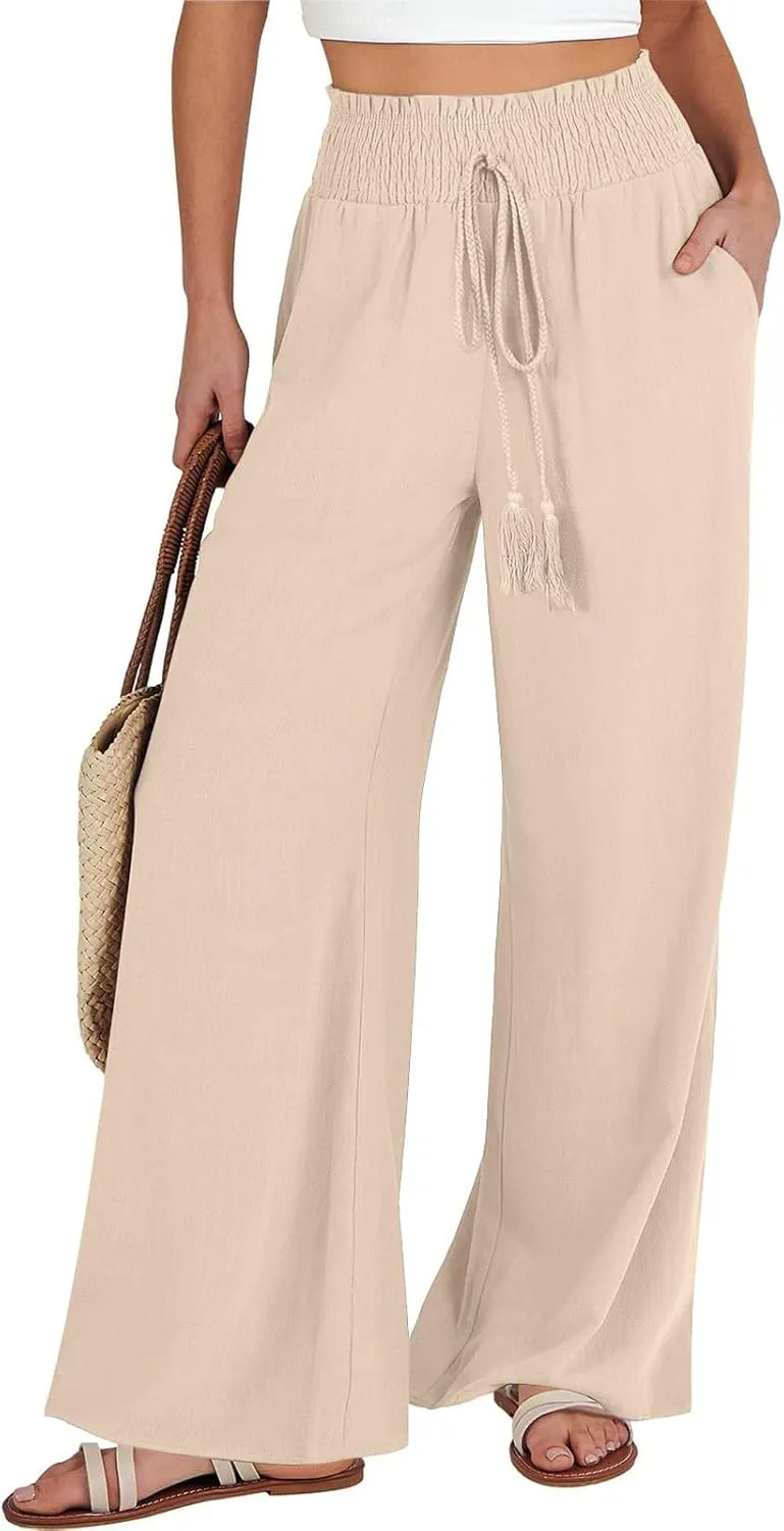 Women's Flowy Linen Pants Casual Wide Leg Pants Comfy Baggy High Waisted Palazzo Pants Beach Pants with Pockets