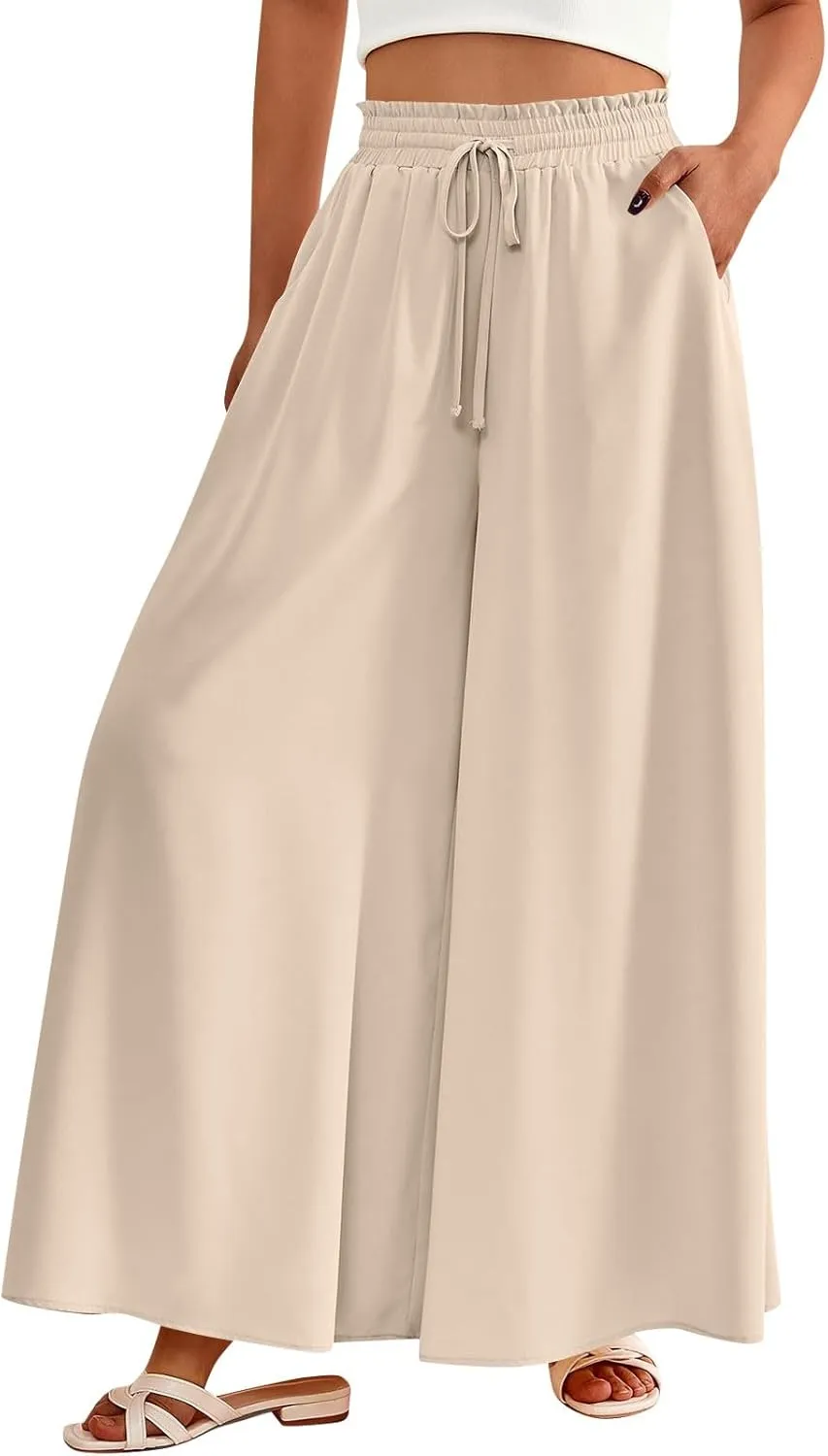Women's Flowy Linen Pants Casual Wide Leg Pants Comfy Baggy High Waisted Palazzo Pants Beach Pants with Pockets