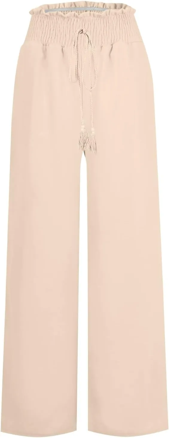 Women's Flowy Linen Pants Casual Wide Leg Pants Comfy Baggy High Waisted Palazzo Pants Beach Pants with Pockets