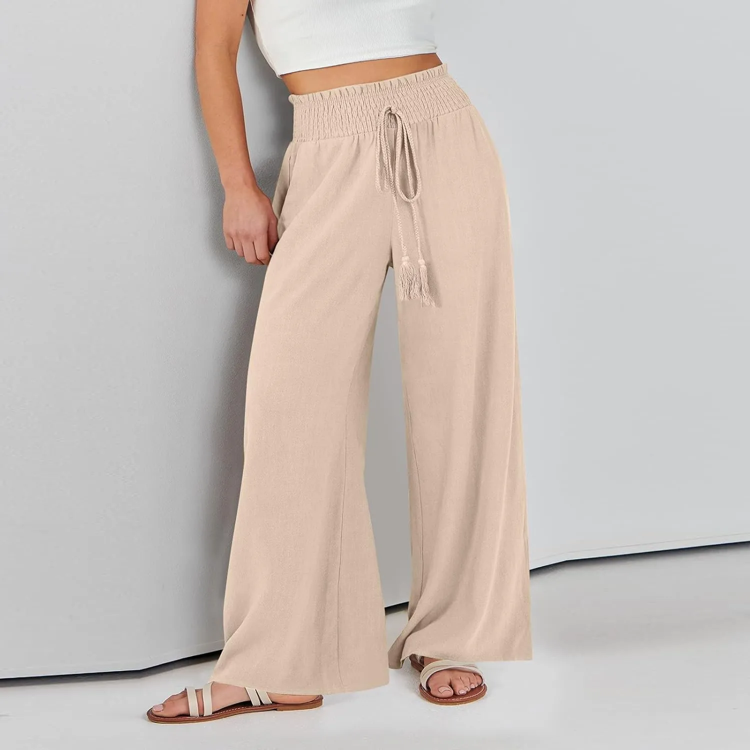 Women's Flowy Linen Pants Casual Wide Leg Pants Comfy Baggy High Waisted Palazzo Pants Beach Pants with Pockets