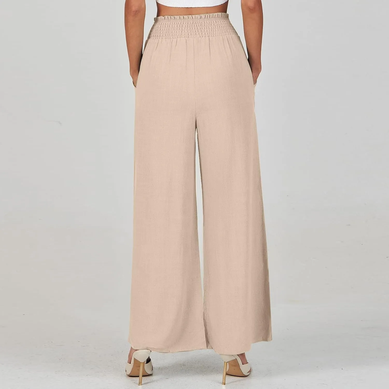Women's Flowy Linen Pants Casual Wide Leg Pants Comfy Baggy High Waisted Palazzo Pants Beach Pants with Pockets