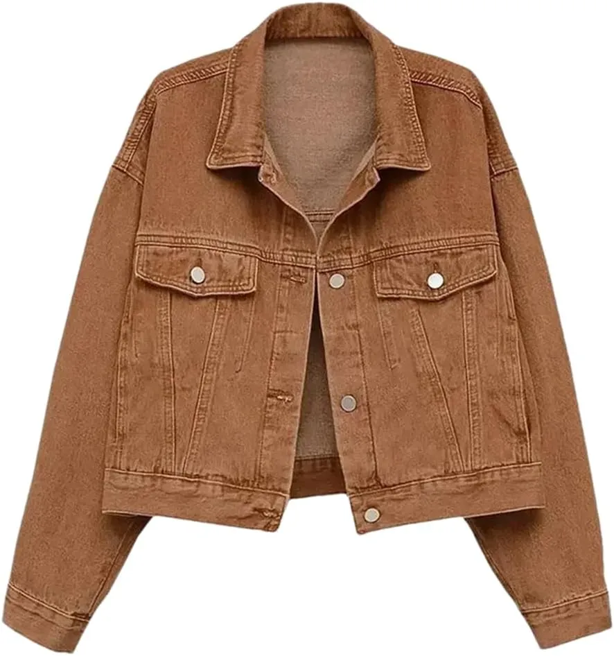 Women's Harajuku Cropped Denim Jacket 90S Buttons Lapel Casual Denim Jacket Y2K