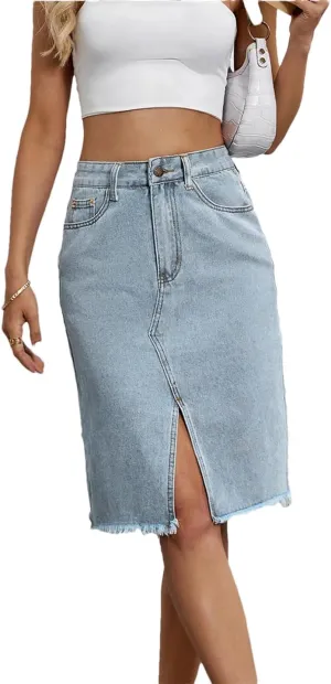 Women's High Waist Denim Skirts Slim Fit Sexy Elegant Knee Length Split Denim Skirt