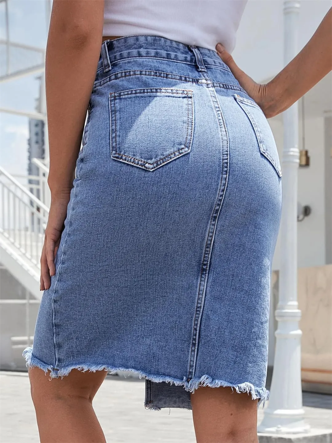 Women's High Waist Denim Skirts Slim Fit Sexy Elegant Knee Length Split Denim Skirt