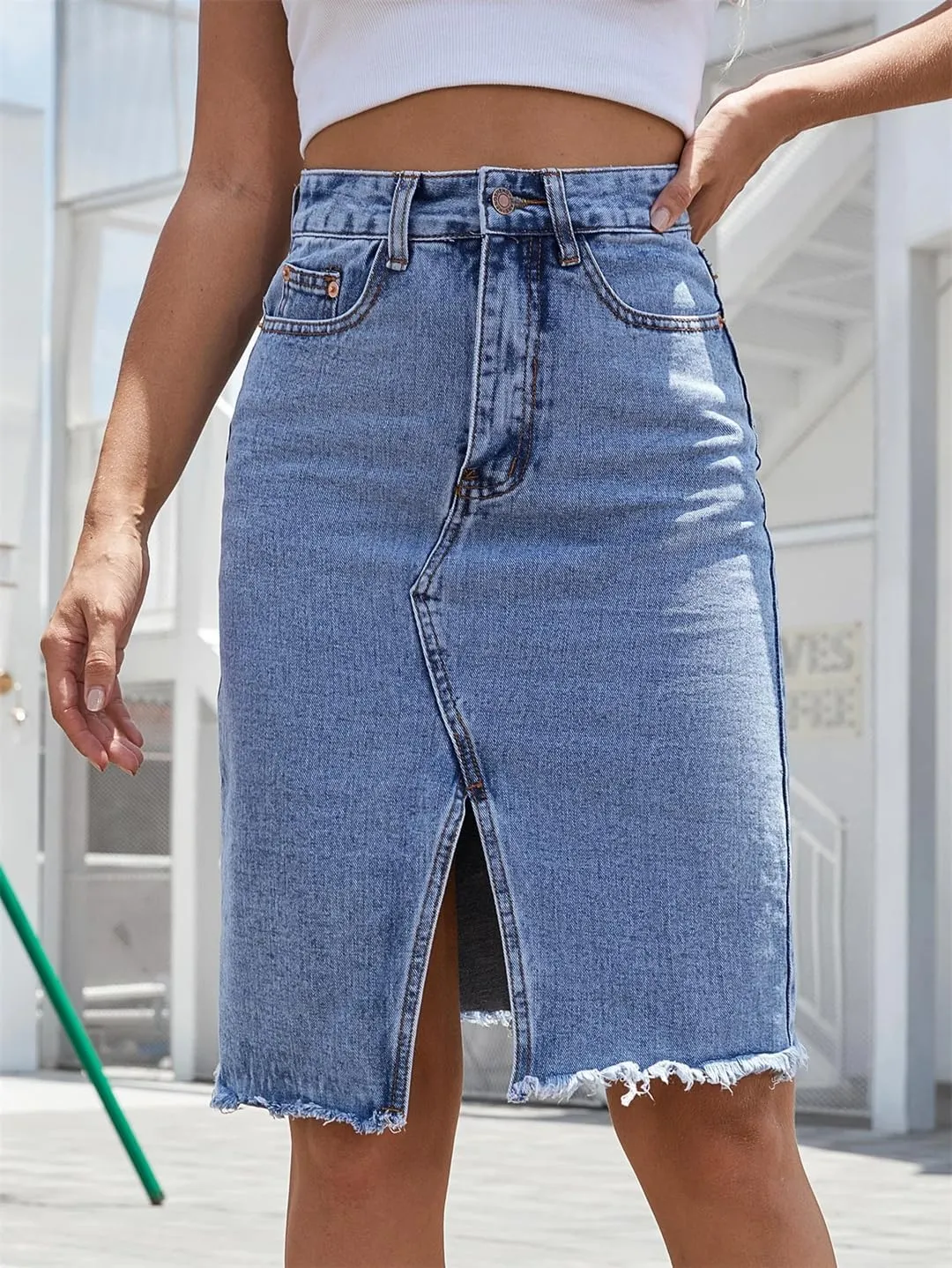 Women's High Waist Denim Skirts Slim Fit Sexy Elegant Knee Length Split Denim Skirt