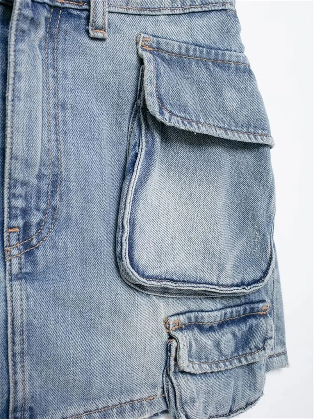 Women's High Waisted Denim Skirt European and American Style Multi-Pocket Workwear Denim Skirt